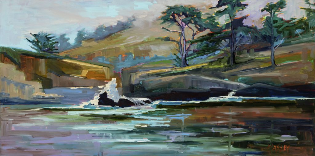 Misty Morning at Whalers Cove plein air 12 by 24 inches oil