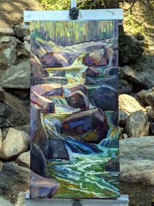 Rocky Mountain Cascade, plein air, 24 by 12 inches, oil on canvas