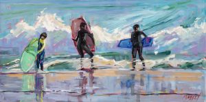 Boogie Boarding Buddies, plein air, 12 by 24 inches, oil Wins 2nd Place at the Coastal Art League's All Media Show in Half Moon Bay California