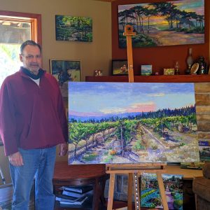 Happy Collector with his commissioned painting, Santa Cruz Mountain Vineyard