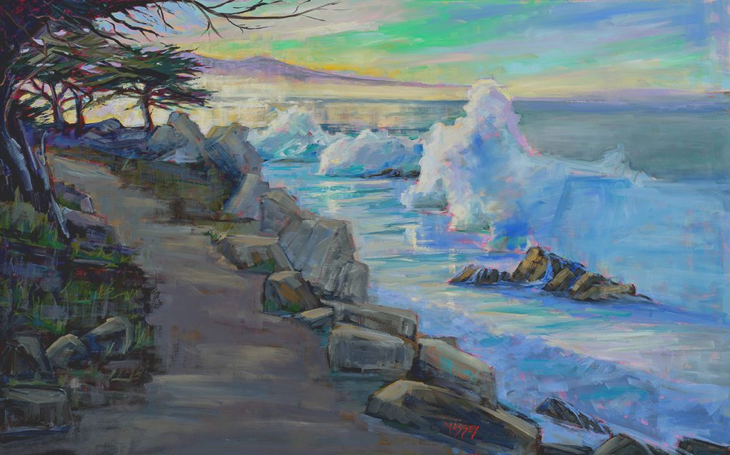 Pacific Sunrise. Inspired by plein air work at Pescadero Point, aka Ghost Tree, in Pebble Beach. This painting features the King Tide, Monterey Cypress and a view to Point Lobos in the distance.